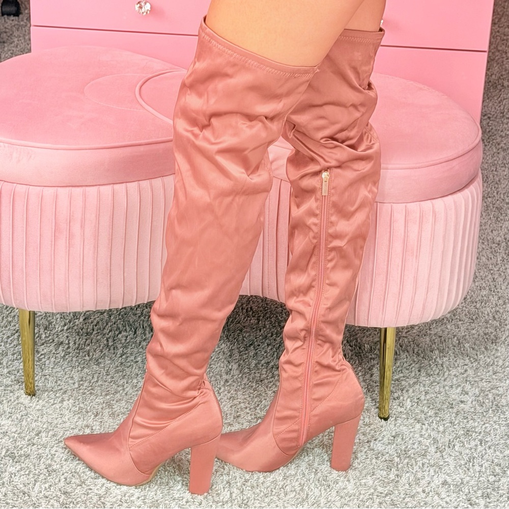 Blush Pink Satin Thigh High Heeled Boots Chic Block Heel Side Zip Stretch Fit - Picture 2 of 5
